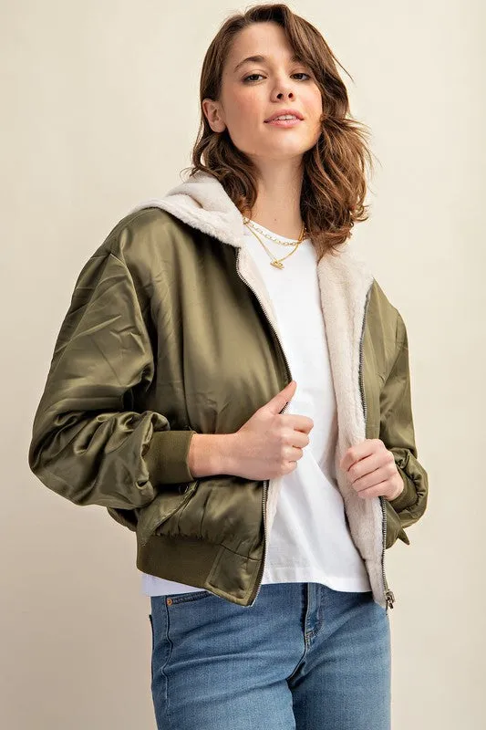 Raakhi Reversible Fur Lined Bomber Jacket - Hooded, Black & Olive