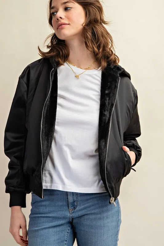 Raakhi Reversible Fur Lined Bomber Jacket - Hooded, Black & Olive
