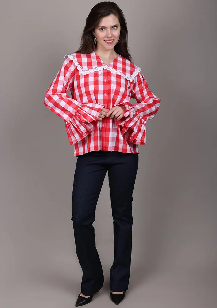 Red and White Check Shirt With Sailor Collar