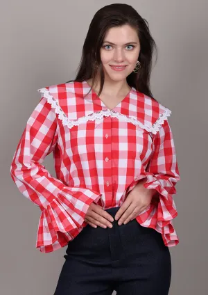 Red and White Check Shirt With Sailor Collar