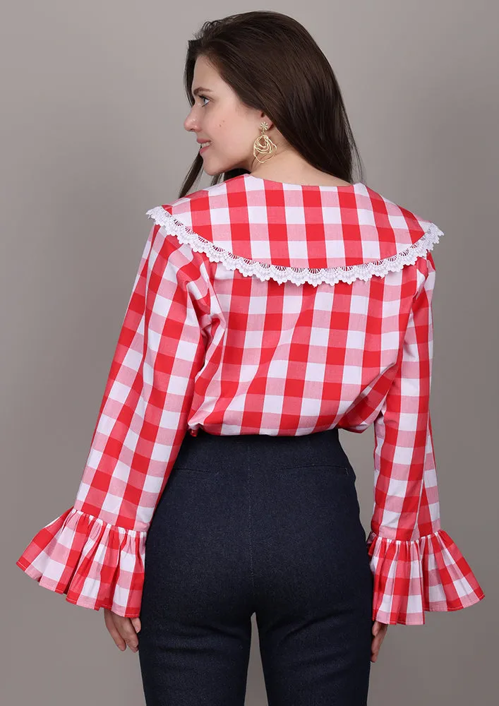 Red and White Check Shirt With Sailor Collar