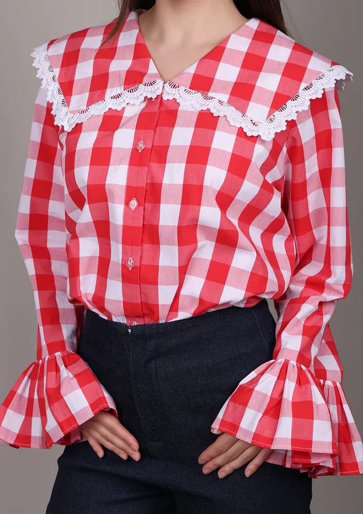 Red and White Check Shirt With Sailor Collar