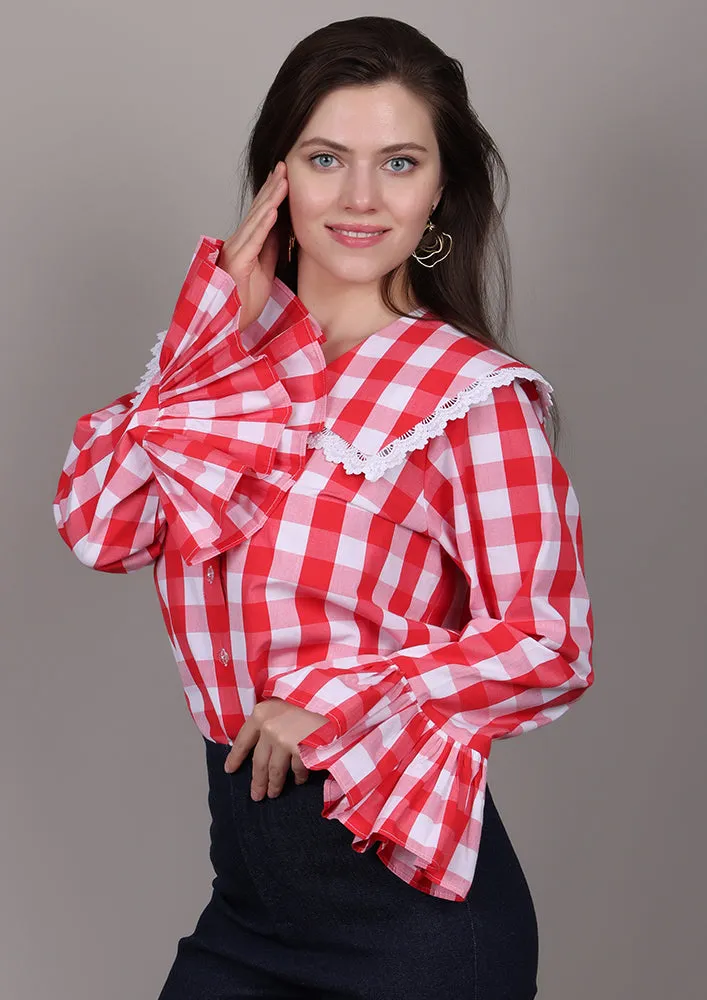 Red and White Check Shirt With Sailor Collar