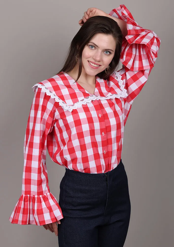 Red and White Check Shirt With Sailor Collar