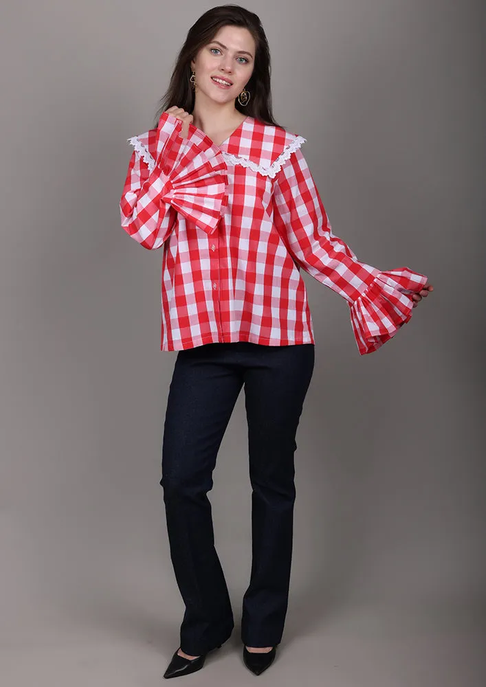 Red and White Check Shirt With Sailor Collar