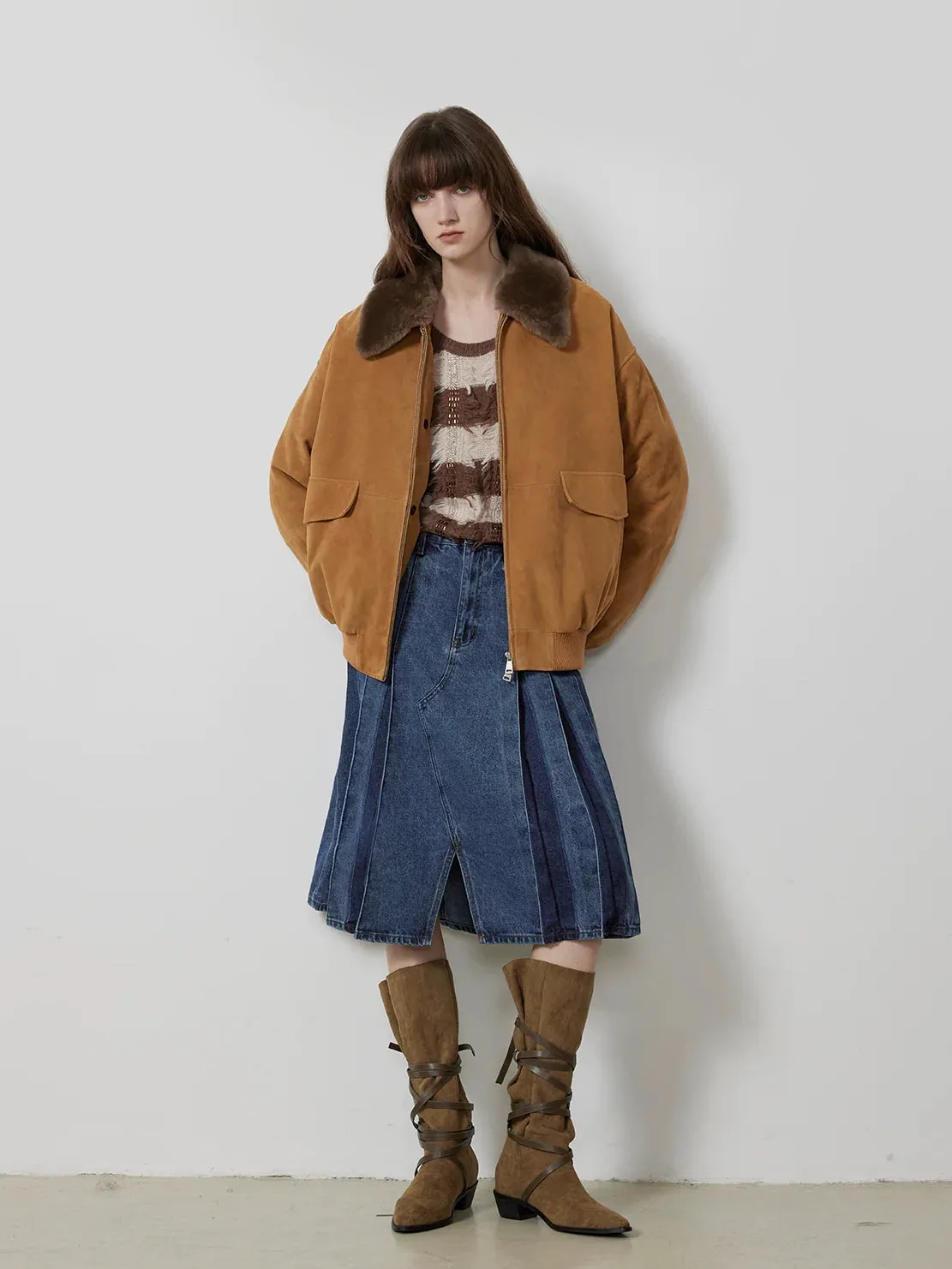 Removable Merino Collar Suede Lambskin Down Jacket