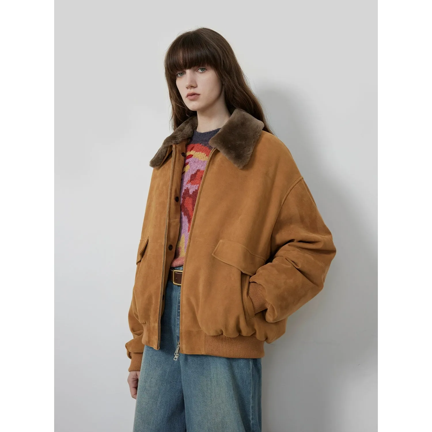 Removable Merino Collar Suede Lambskin Down Jacket