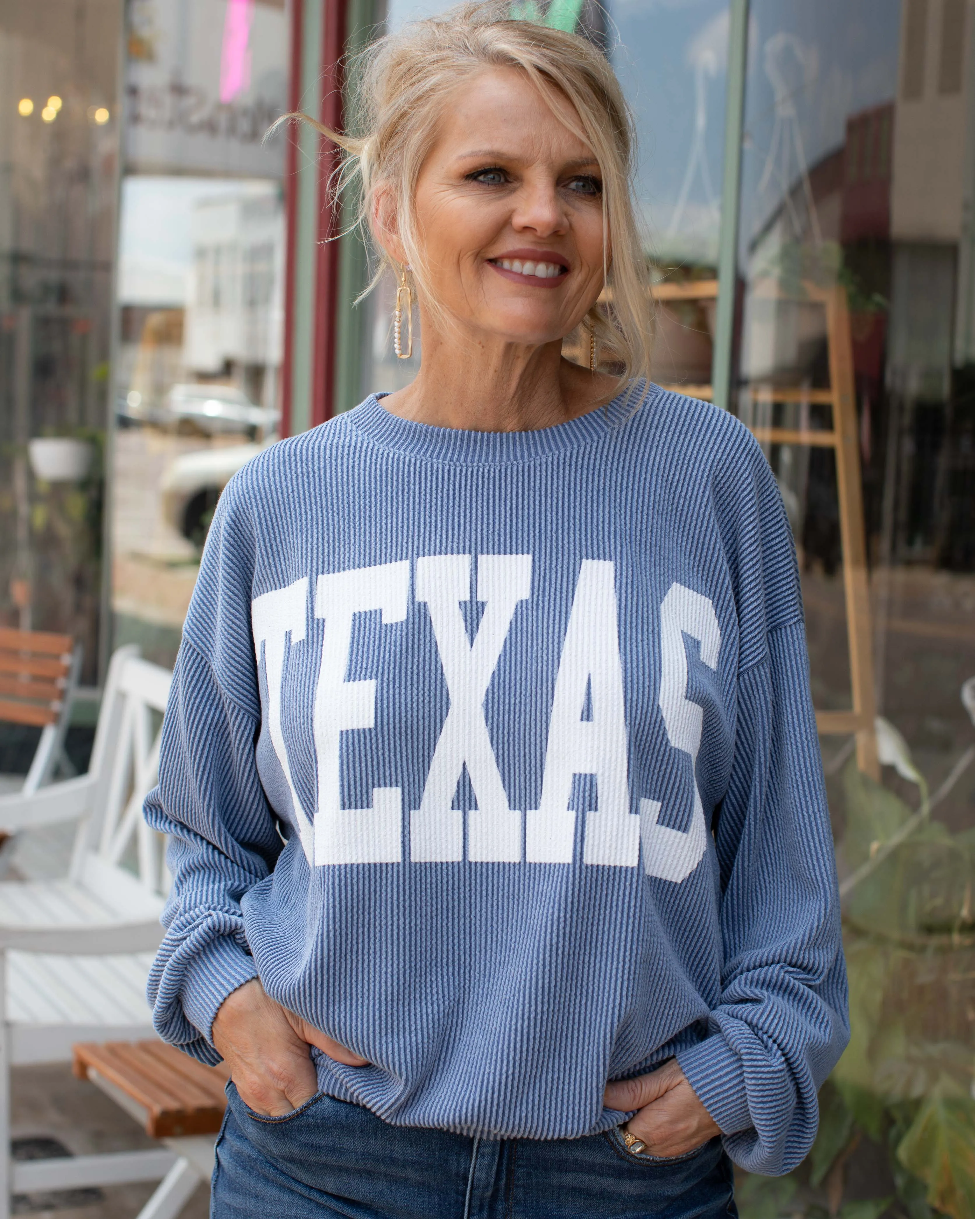 RESTOCKED - TEXAS RIB CORD SWEATSHIRT - DENIM BLUE