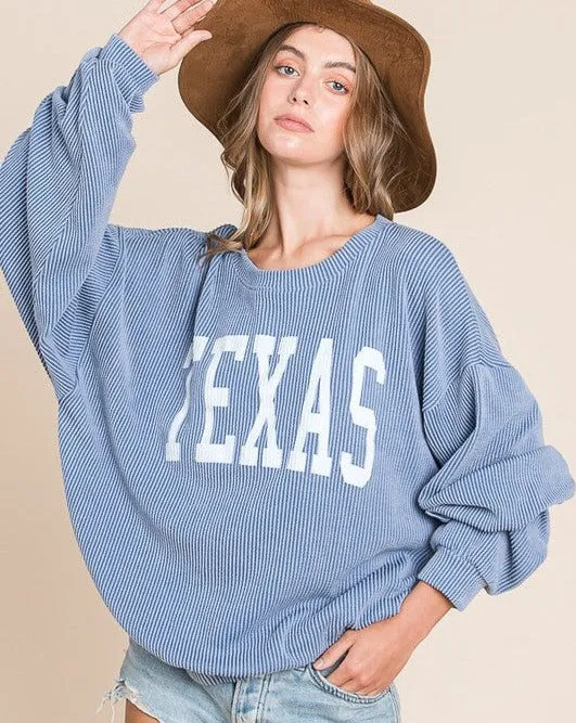 RESTOCKED - TEXAS RIB CORD SWEATSHIRT - DENIM BLUE