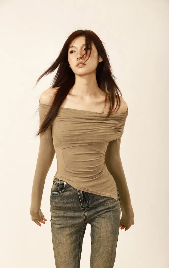 Retro one-shoulder long-sleeved top