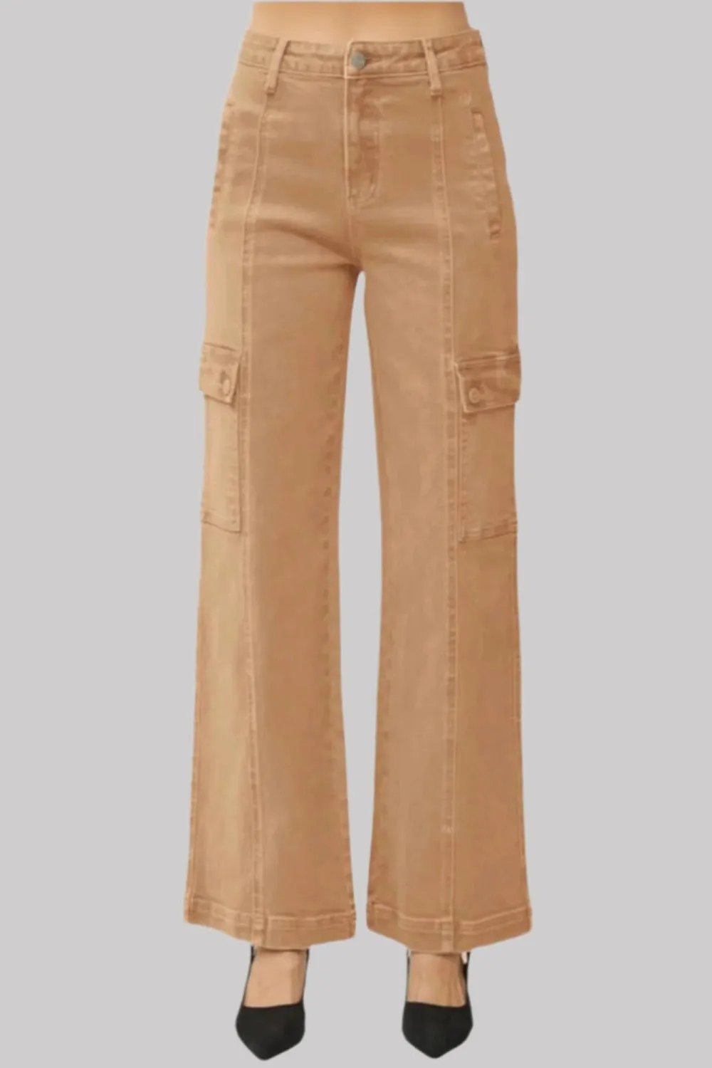 RISEN Full Size Tan High Rise Wide Leg Cargo Jeans