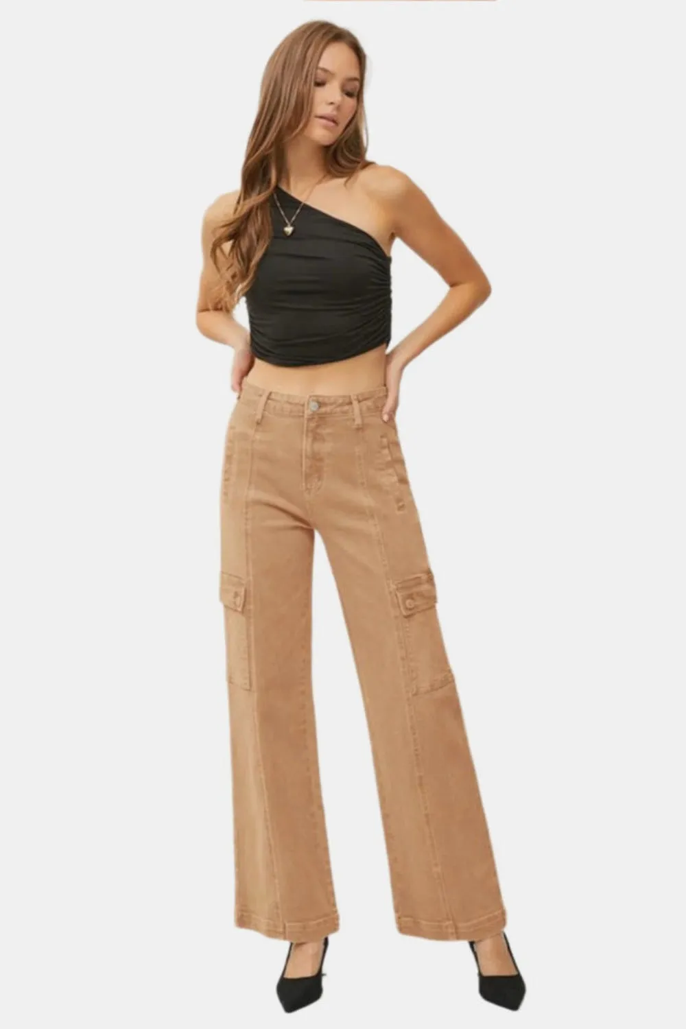RISEN Full Size Tan High Rise Wide Leg Cargo Jeans