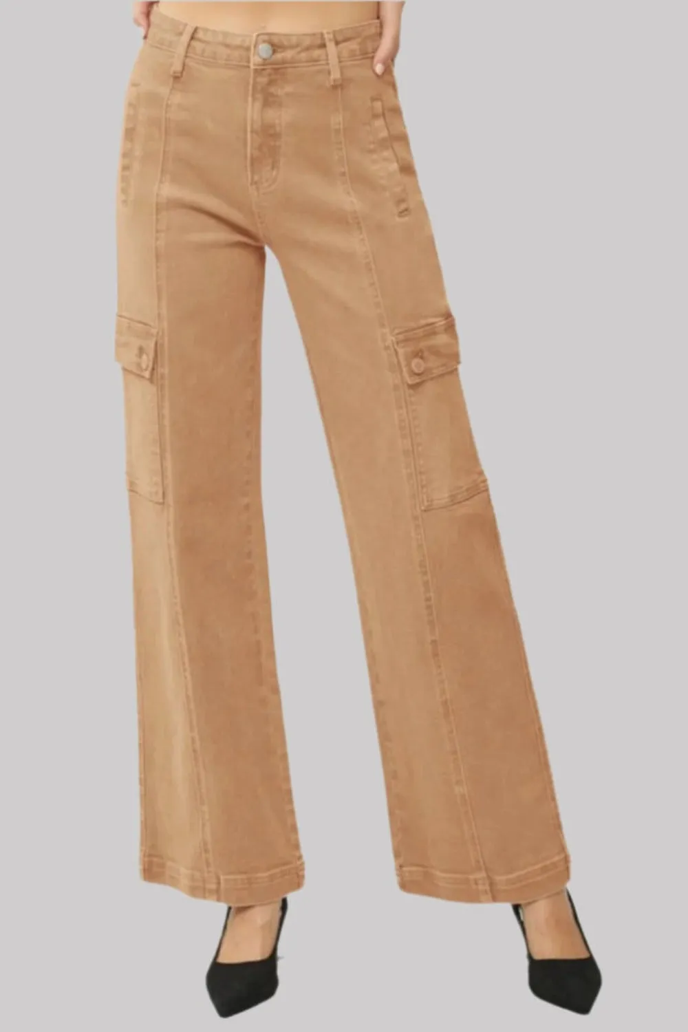 RISEN Full Size Tan High Rise Wide Leg Cargo Jeans