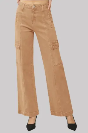 RISEN Full Size Tan High Rise Wide Leg Cargo Jeans