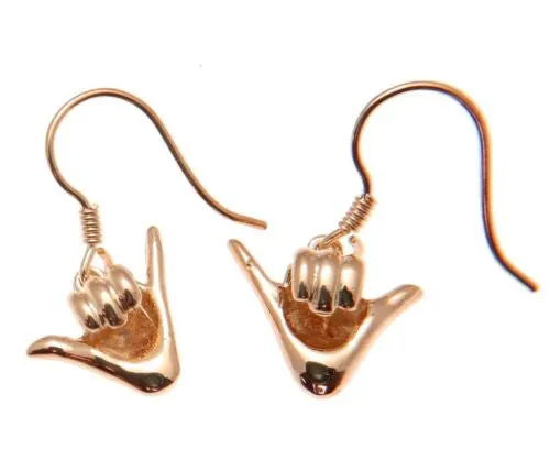 ROSE GOLD PLATED SILVER 925 HAWAIIAN "SHAKA" HANG LOOSE HOOK LEVERBACK EARRING
