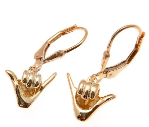 ROSE GOLD PLATED SILVER 925 HAWAIIAN "SHAKA" HANG LOOSE HOOK LEVERBACK EARRING