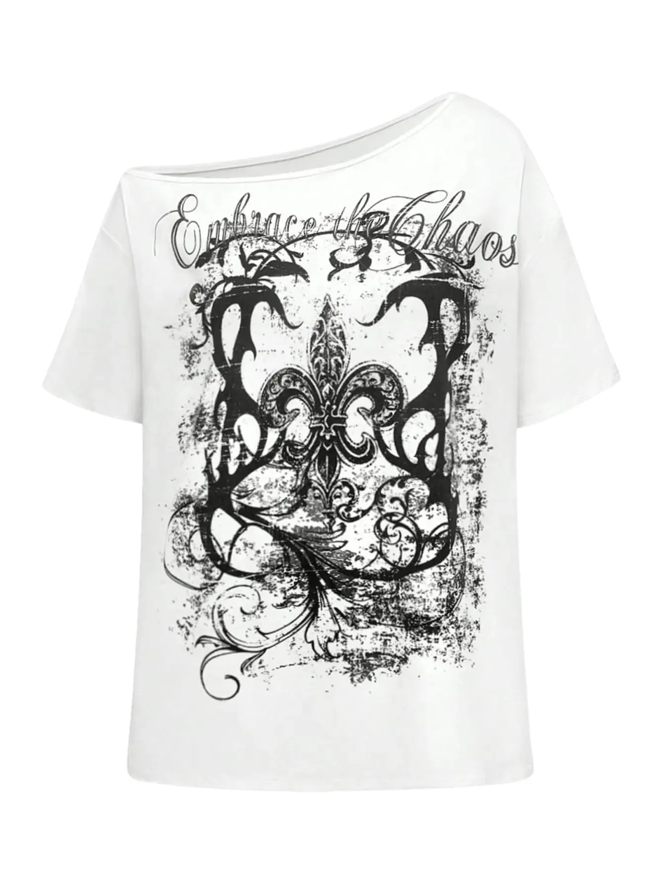 RoseSeek Womens Off The Shoulder Tops Graphic Goth Tee Y3k Vintage Asymmetrical Neck Oversized T Shirts White S