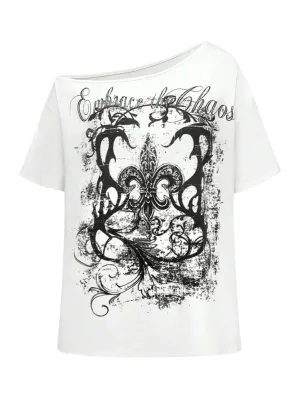RoseSeek Womens Off The Shoulder Tops Graphic Goth Tee Y3k Vintage Asymmetrical Neck Oversized T Shirts White S