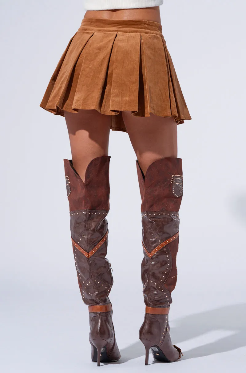 RUN AFTER YOU CORDUROY MINI SKIRT IN BROWN