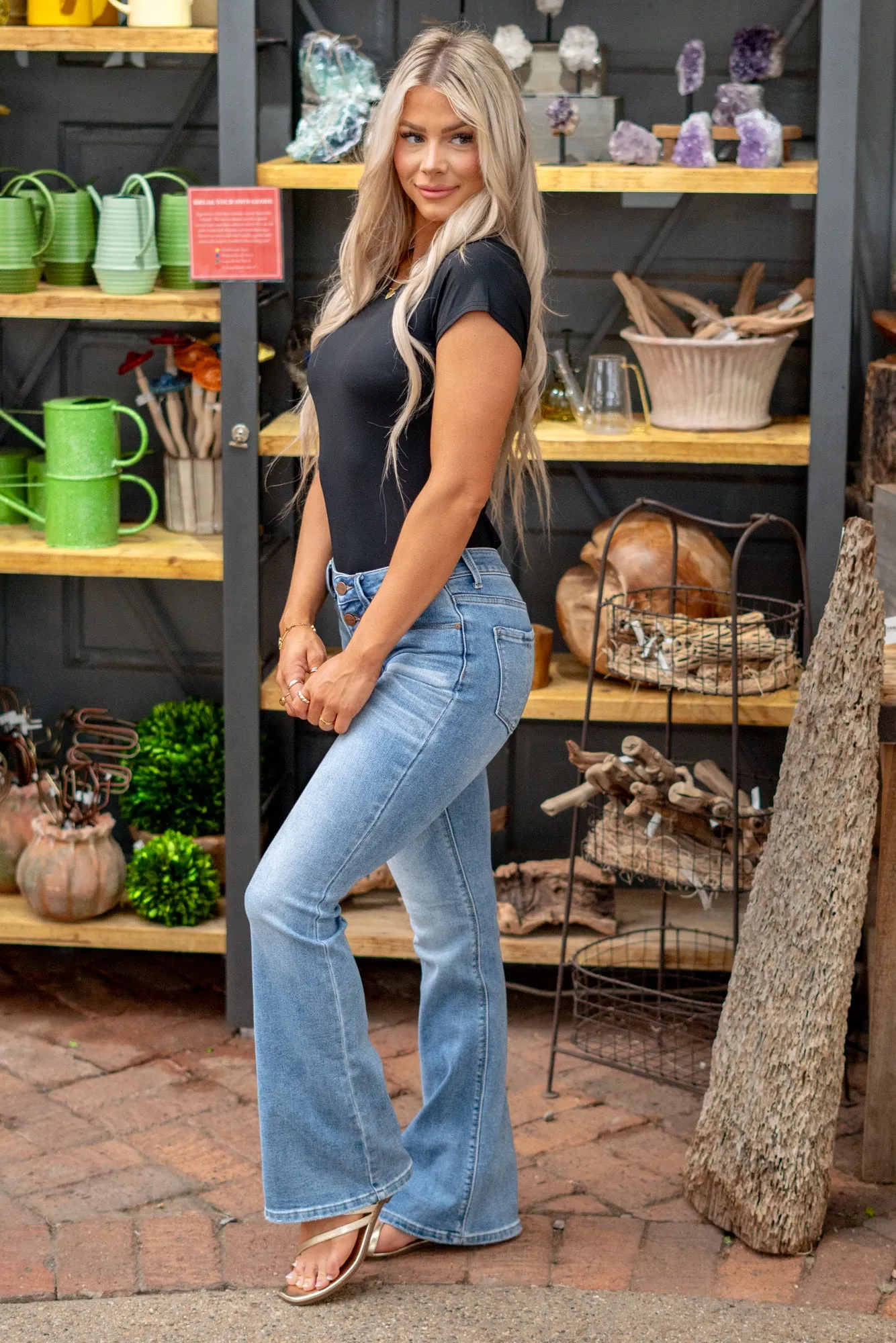 Serena Mid Rise Button Down Flare Jeans