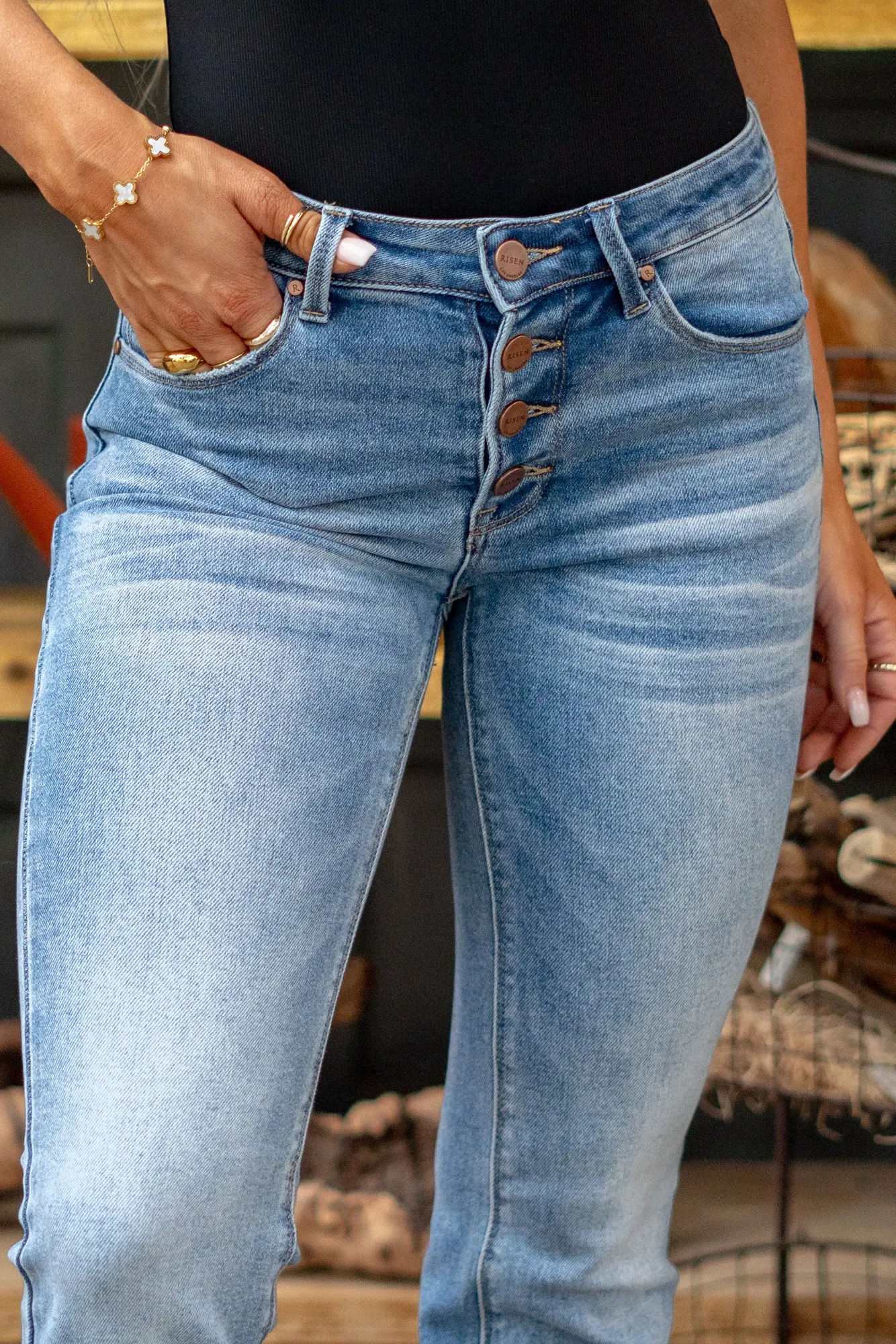 Serena Mid Rise Button Down Flare Jeans