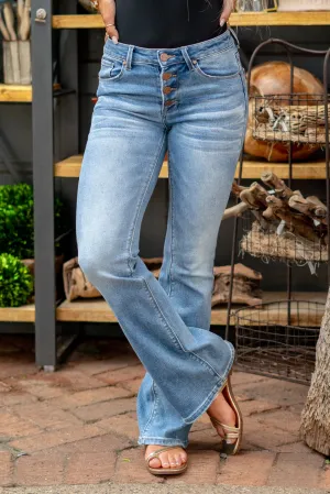 Serena Mid Rise Button Down Flare Jeans