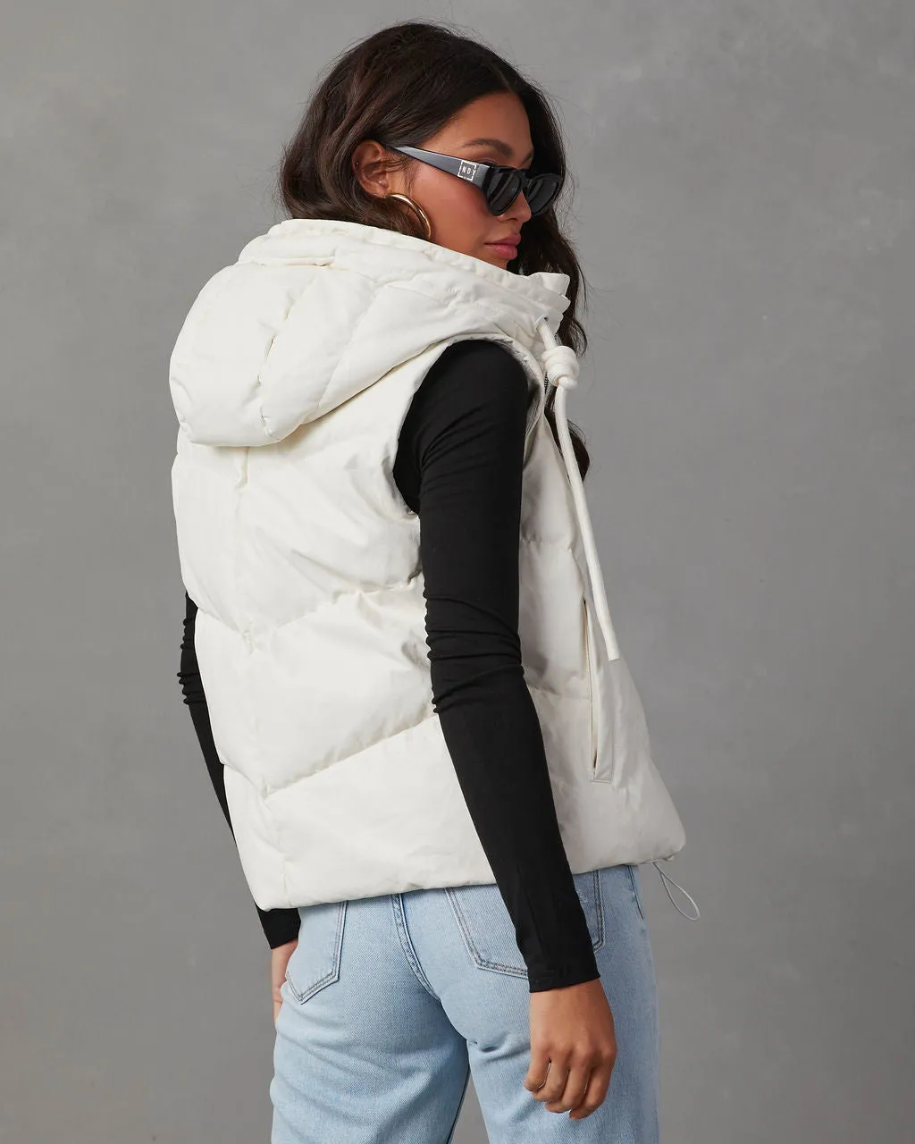 Shelton Pocketed Hooded Faux Leather Puffer Vest
