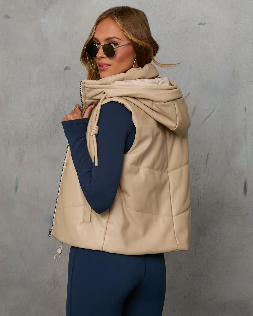 Shelton Pocketed Hooded Faux Leather Puffer Vest