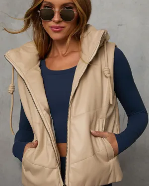 Shelton Pocketed Hooded Faux Leather Puffer Vest
