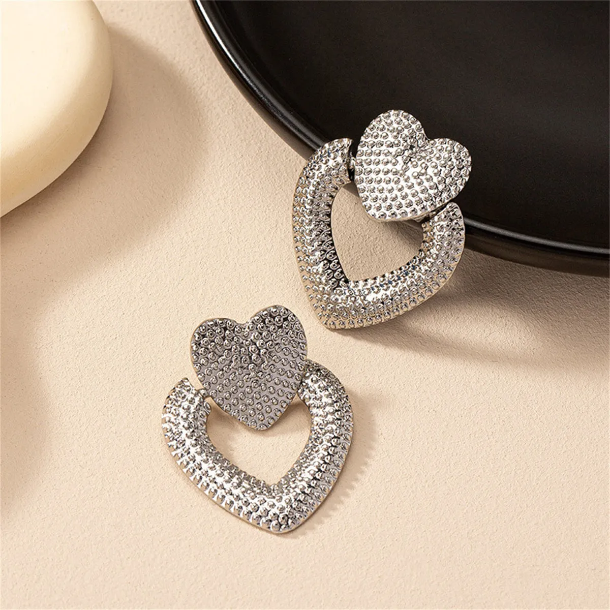 Silver-Plated Open Heart Milgrain Drop Earrings