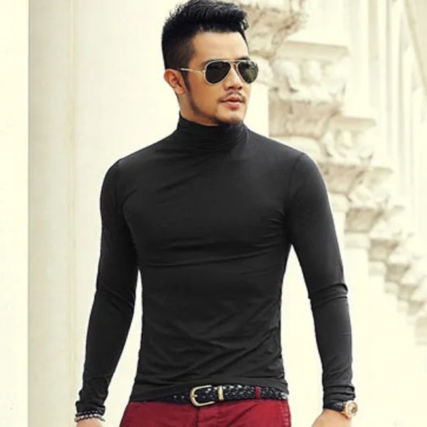 Slim Stretch Cotton Long Sleeved High Necked T-shirt Black