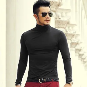 Slim Stretch Cotton Long Sleeved High Necked T-shirt Black