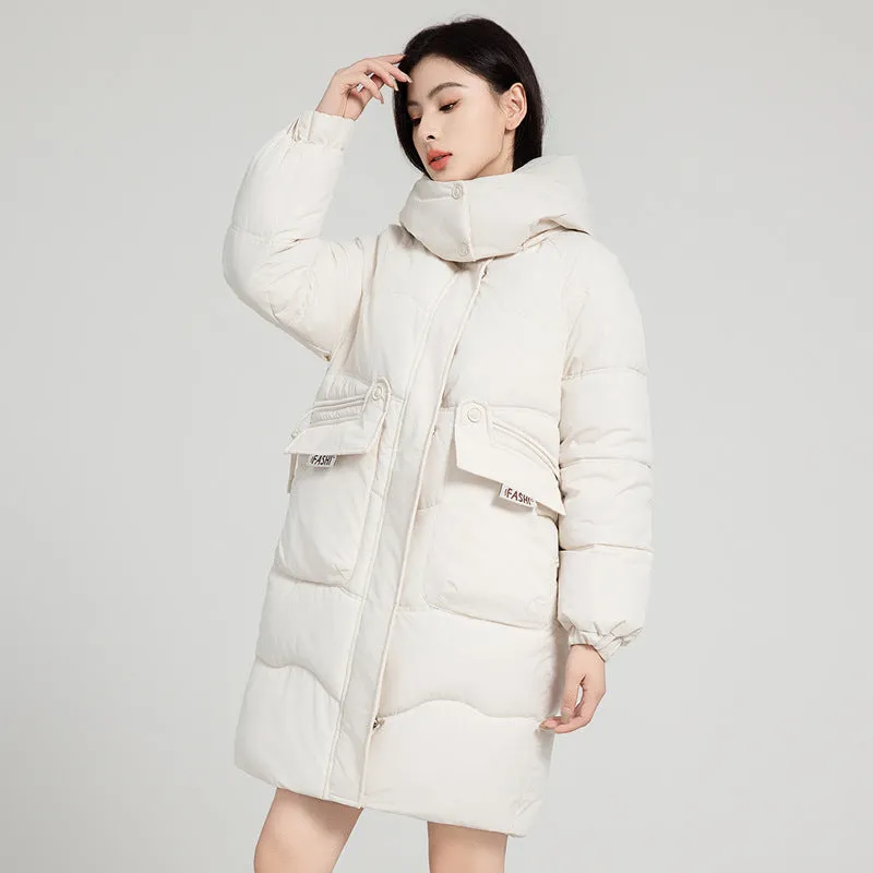 Solid Zip-up Women's Puffer Jacket Featuring Large Flap Pockets
