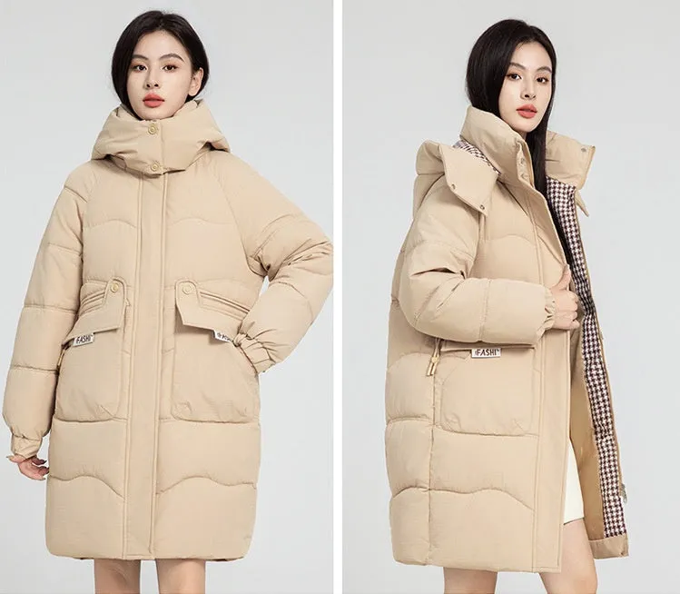 Solid Zip-up Women's Puffer Jacket Featuring Large Flap Pockets
