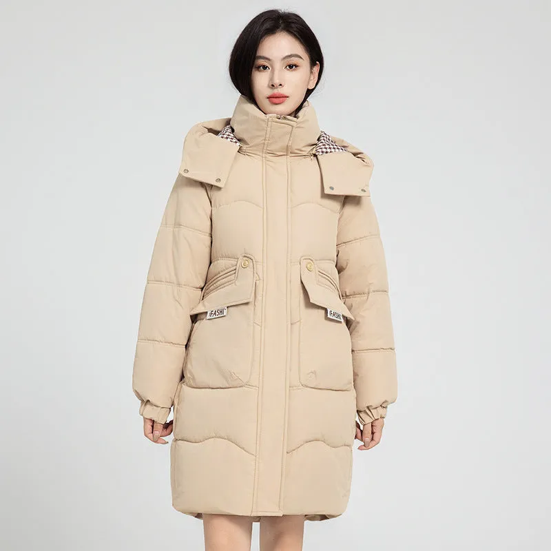 Solid Zip-up Women's Puffer Jacket Featuring Large Flap Pockets