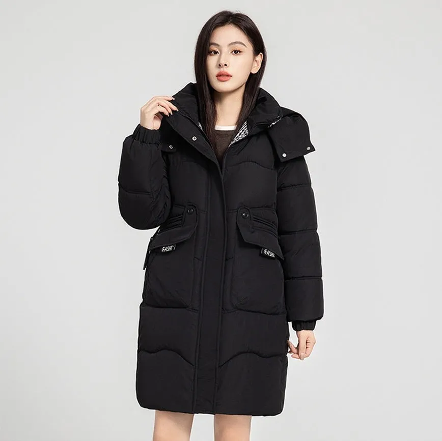 Solid Zip-up Women's Puffer Jacket Featuring Large Flap Pockets