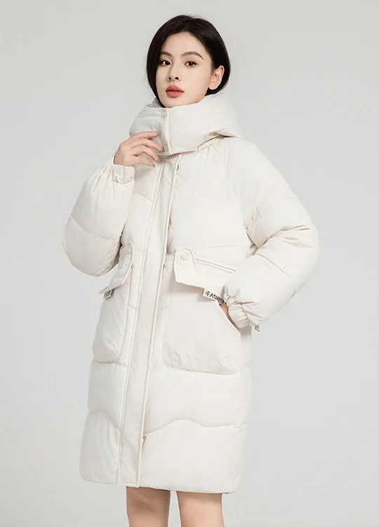 Solid Zip-up Women's Puffer Jacket Featuring Large Flap Pockets