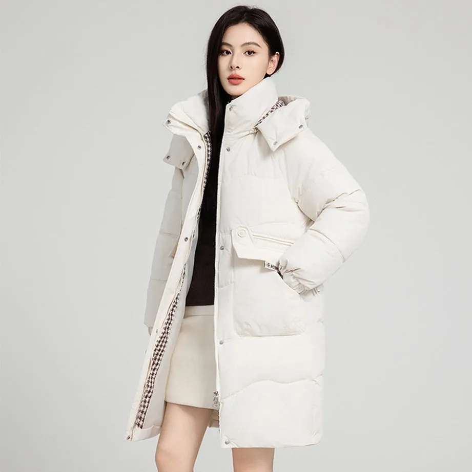 Solid Zip-up Women's Puffer Jacket Featuring Large Flap Pockets
