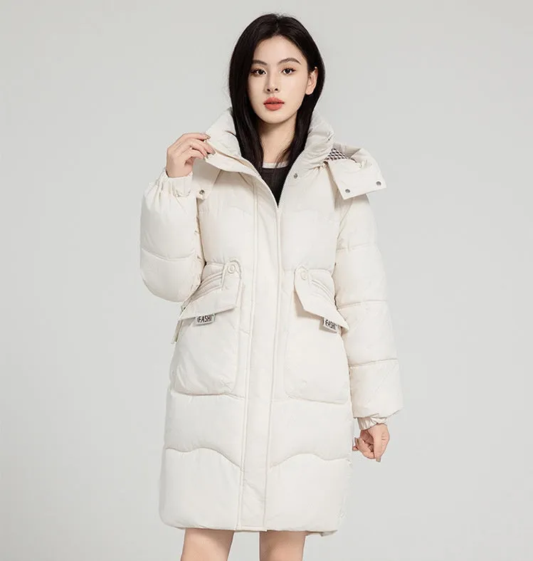 Solid Zip-up Women's Puffer Jacket Featuring Large Flap Pockets