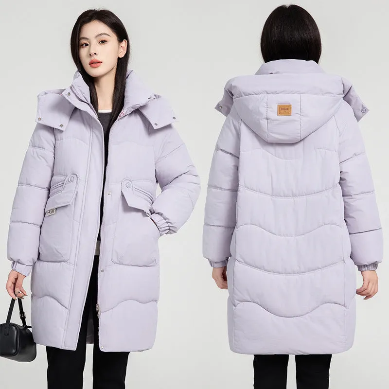 Solid Zip-up Women's Puffer Jacket Featuring Large Flap Pockets