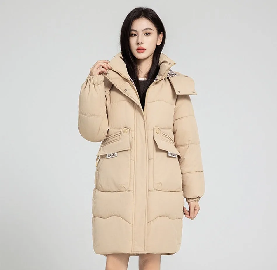 Solid Zip-up Women's Puffer Jacket Featuring Large Flap Pockets