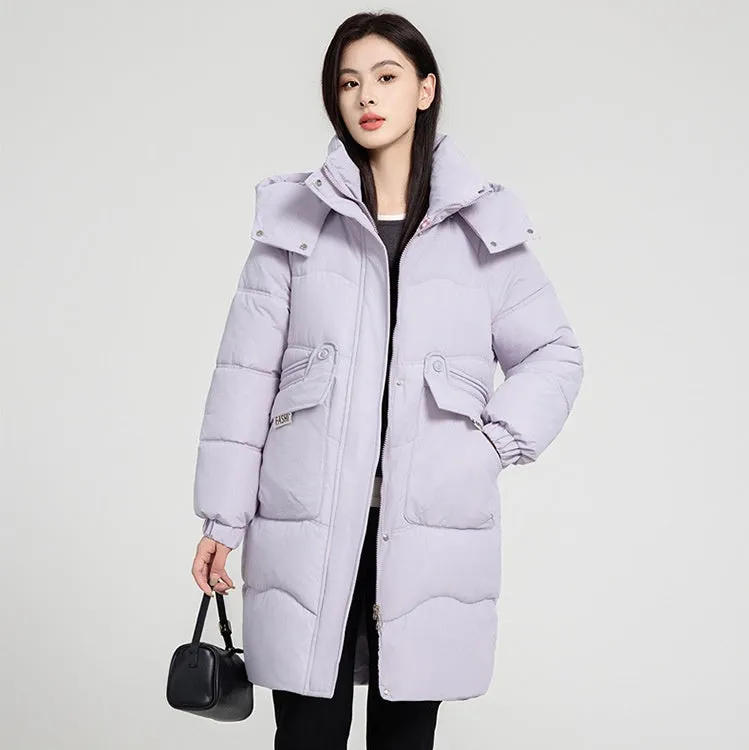 Solid Zip-up Women's Puffer Jacket Featuring Large Flap Pockets