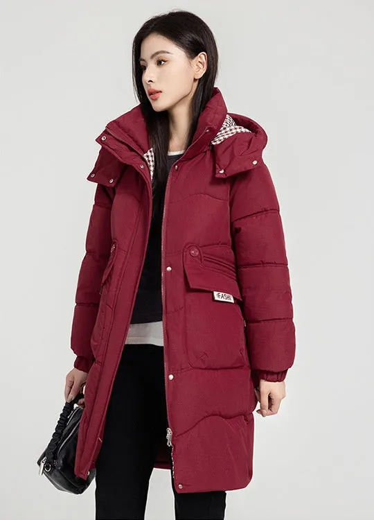 Solid Zip-up Women's Puffer Jacket Featuring Large Flap Pockets