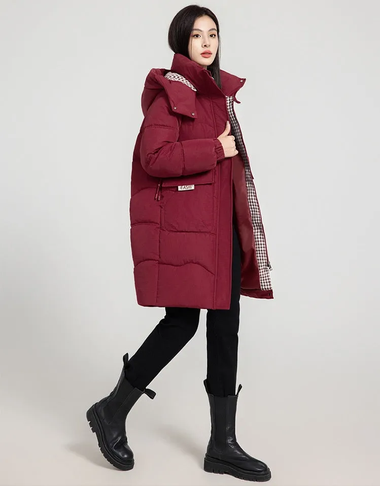 Solid Zip-up Women's Puffer Jacket Featuring Large Flap Pockets