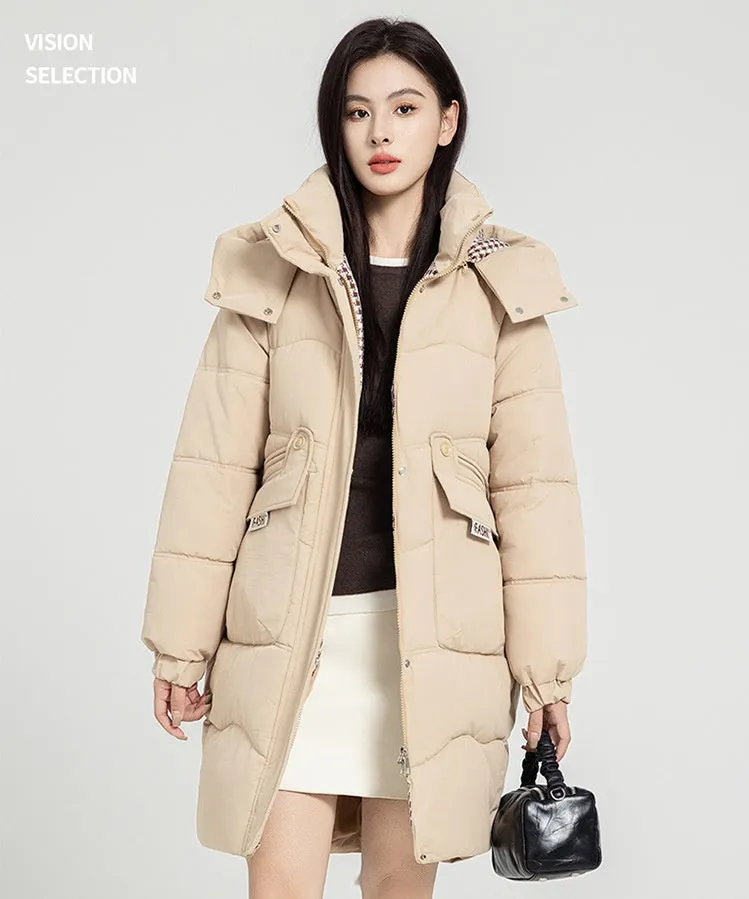 Solid Zip-up Women's Puffer Jacket Featuring Large Flap Pockets