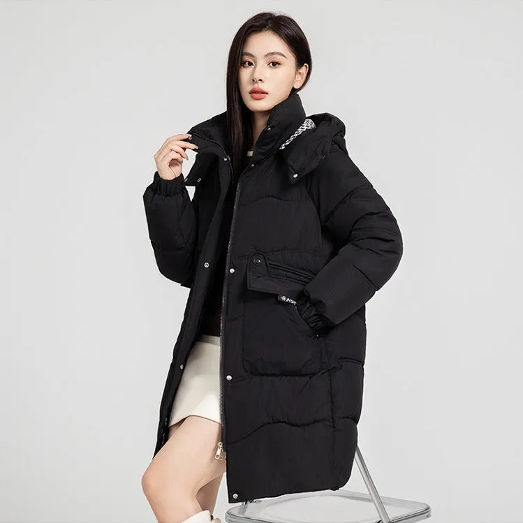 Solid Zip-up Women's Puffer Jacket Featuring Large Flap Pockets
