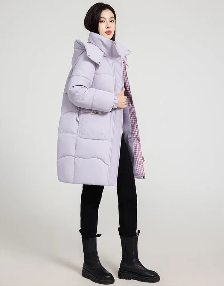 Solid Zip-up Women's Puffer Jacket Featuring Large Flap Pockets