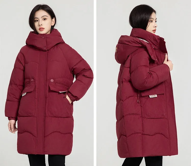 Solid Zip-up Women's Puffer Jacket Featuring Large Flap Pockets