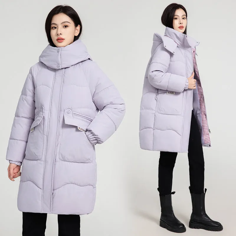 Solid Zip-up Women's Puffer Jacket Featuring Large Flap Pockets