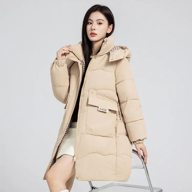 Solid Zip-up Women's Puffer Jacket Featuring Large Flap Pockets